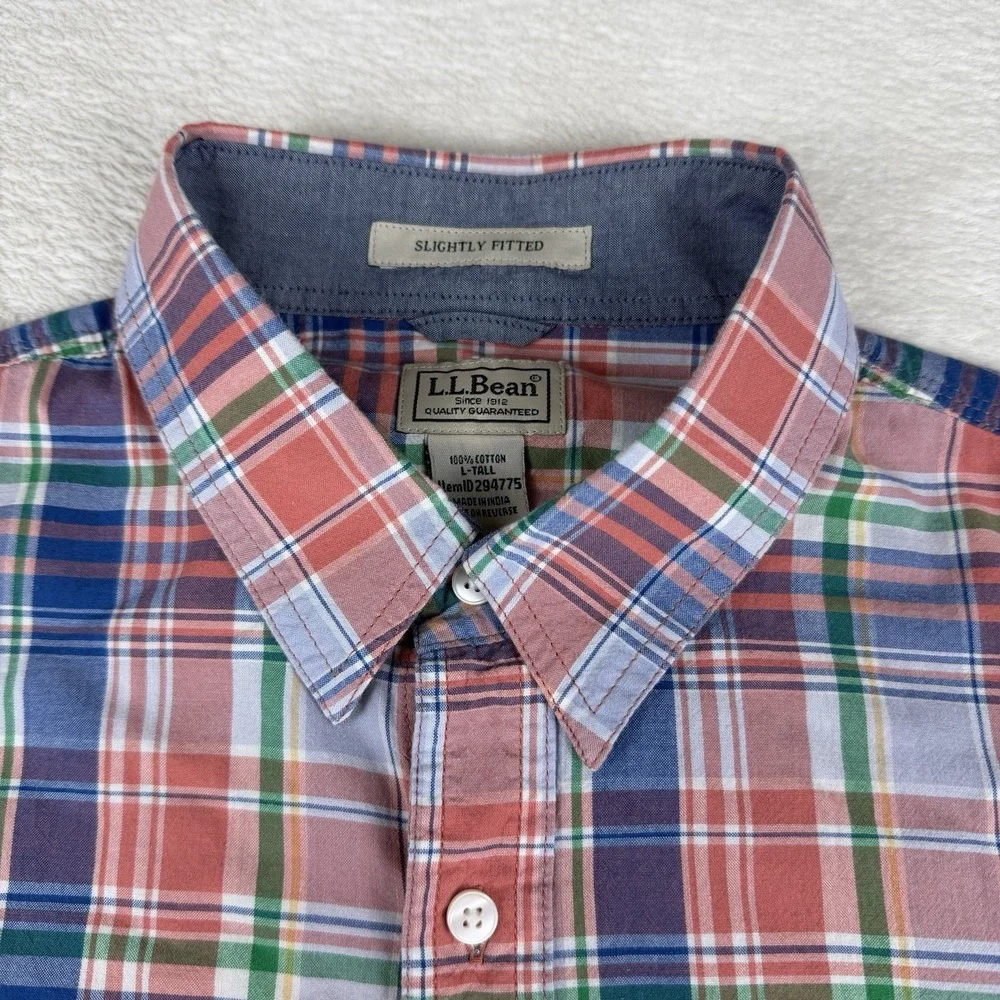 L.L. Bean Men's Large Tall Plaid Long Sleeve Button‎ Shirt Slightly Fitted Used